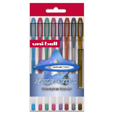 Uni-ball UM-120 NM Signo Noble Metal Pack de 8 Boligrafos de Tinta Gel - Punta de Bola 0.8mm - Tinta Resistente al Agua y Luz - Escribe en Papel Negro y Blanco - Colores Metalicos Surtidos