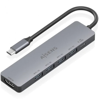 Docking USB Tipo-C Aisens ASUC-6P047-GR/ 1xHDMI 4K/ 4xUSB/ 1xUSB Tipo-C PD/ Gris