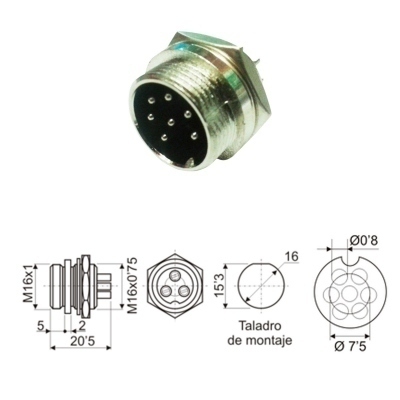 Conector Microfono Macho Panel 7 contactos Rosca