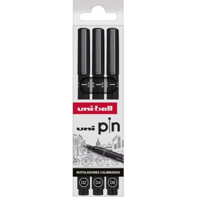 Uni-ball Uni Pin Pack de 3 Rotuladores Calibrados 0.2, 0.4, 0.8 - Punta Poliacetal - Tinta Pigmentada Resistente al Agua y Luz - Color Negro