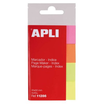 Apli Pack de 160 Indices Adhesivos de Papel 50x20mm - 40 Indices por Color - Faciles de Despegar - Organiza Tus Documentos - Colores Amarillo, Rosa, Naranja y Verde