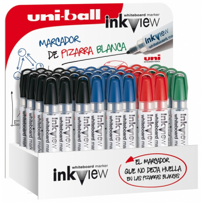 Uni-ball Inkview PWB-202 Expositor de 36 Marcadores de Pizarra Blanca - Punta Conica 1.8-2.2mm - Zona Transparente para Nivel de Tinta - Escritura Brillante y Facil Borrado - Color Surtido