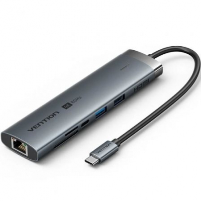 Hub USB Tipo-C 3.2 Vention TGVHB/ 2xUSB/ 1xUSB Tipo-C PD/ 1xUSB Tipo-C/ 1xRJ45/ 1xLector de Tarjetas/ 1xJack 3.5mm/ 1xHDMI/ 15cm