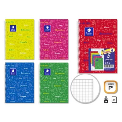 Golden Pack de 5 Cuadernos Folio 80 Hojas 90gr Cuadricula 4x4 - Resistente - Ideal para Estudiantes - Tapa Flexible - Colores Surtidos