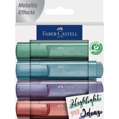 Faber-Castell Textliner 46 Metallic Pack de 4 Marcadores Fluorescentes - Punta Biselada - Trazo entre 1mm y 5mm - Tinta con Base de Agua - Colores Surtidos
