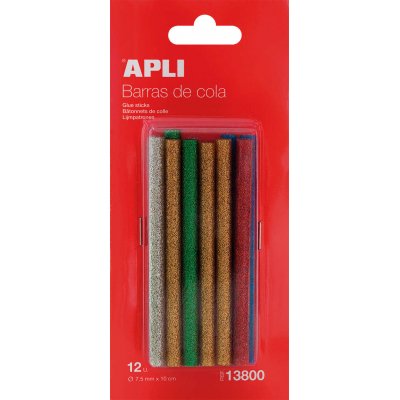 Apli Recambio de Barras de Adhesivo Termofusible - Ø7.5mmx10cm - Colores Surtidos con Purpurina - Precision y Limpeza - Compatible con Pistolas de Ø7.5mm - Ideal para Manualidades y Bricolaje