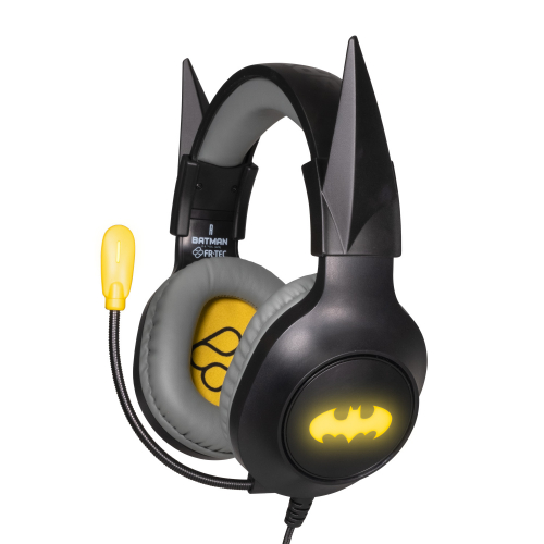 FR-TEC Batman Auriculares Gaming con Microfono Plegable - Diadema Ajustable - Almohadillas Acolchadas - Iluminacion LED Amarilla - Color Gris
