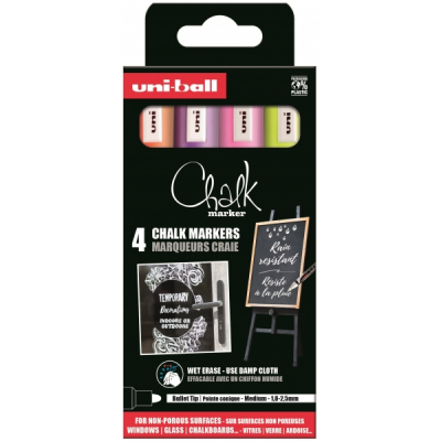 Uni-ball Chalk PWE-5M Pack de 4 Marcadores de Tiza Liquida - Punta Conica 1.8-2.5mm - Borrado en Humedo - Resistente a la Lluvia - Ideal para Pizarras y Vidrio - Colores Violeta, Amarillo, Naranja y R