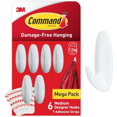 Command Pack de 6 Ganchos de Diseño Medianos - 9 Tiras Adhesivas - Soportan hasta 1.3kg - Color Blanco