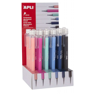 Apli Expositor Portaminas Soft Nordik 0.5mm - Colores Salmon, Rosa, Turquesa, Azul, Azul Marino y Negro - Capuchon con Tapon Transparente y Goma de Borrar - Colores Surtidos