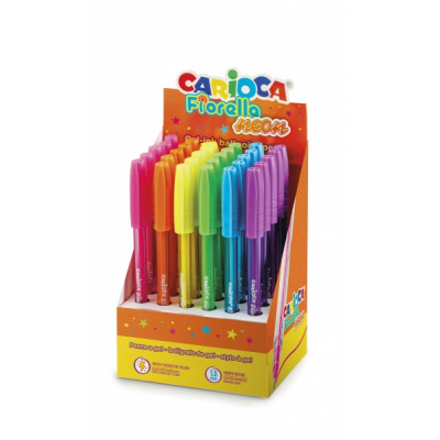 Carioca Fiorella Expositor de 30 Boligrafos Neon - Punta de Esfera - Cuerpo Transparente Fluo - Escritura Brillante y Colorida - Color Varios