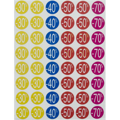 Apli Pack de 240 Etiquetas de Descuento -30%, -40%, -50%, -70% - Tamaño Ø 24mm - Forma Redonda - Colores Amarillo, Azul, Rojo y Fucsia