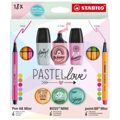 Stabilo Pastellove Pack de 18 Marcadores y Rotuladores - 6 Rotuladores Premium Pen 68 Mini, 6 Rotuladores Point 88 Mini y 6 Rotuladores Fluorescentes BOSS MINI Pastellove - Colores Surtidos