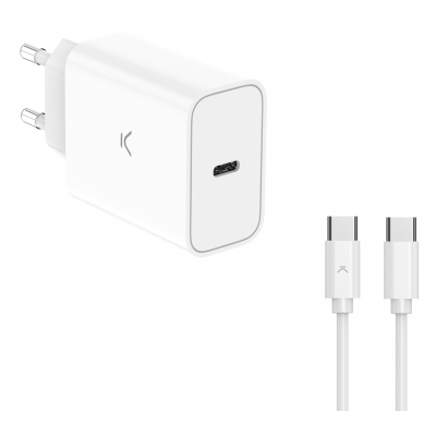 Cargador de red 30 W, PPS, Power Delivery, Carga ultra rápida, USB-C + Cable USB-C a USB-C 60 W, 1 m, Blanco