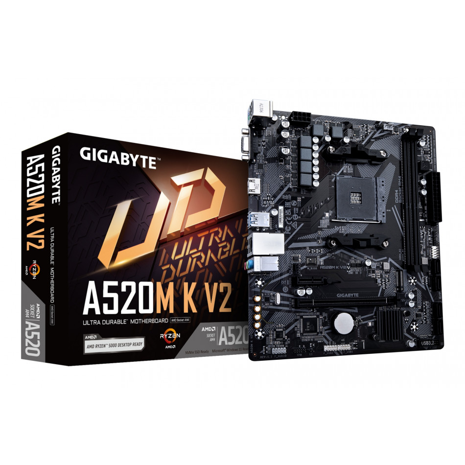 Placa base A520M K V2 - Compatible con CPUs AMD Ryzen serie 5000 AM4, hasta 5100MHz DDR4 (OC), PCIe Gen3 x4 M.2, LAN GbE, USB 3.2 Gen 1