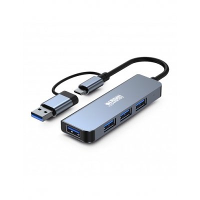 Urban Factory Minee HUB 4 en 1 - USB-A/C Macho - USB-A Hembra - Color Gris Metal