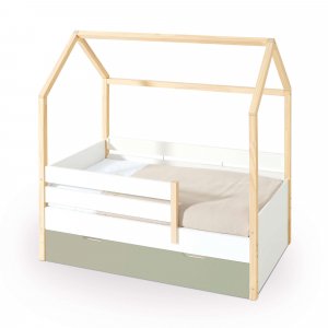 Cama-casita Montessori 70x140 cm madera con cajones verde-oliva · Sogni