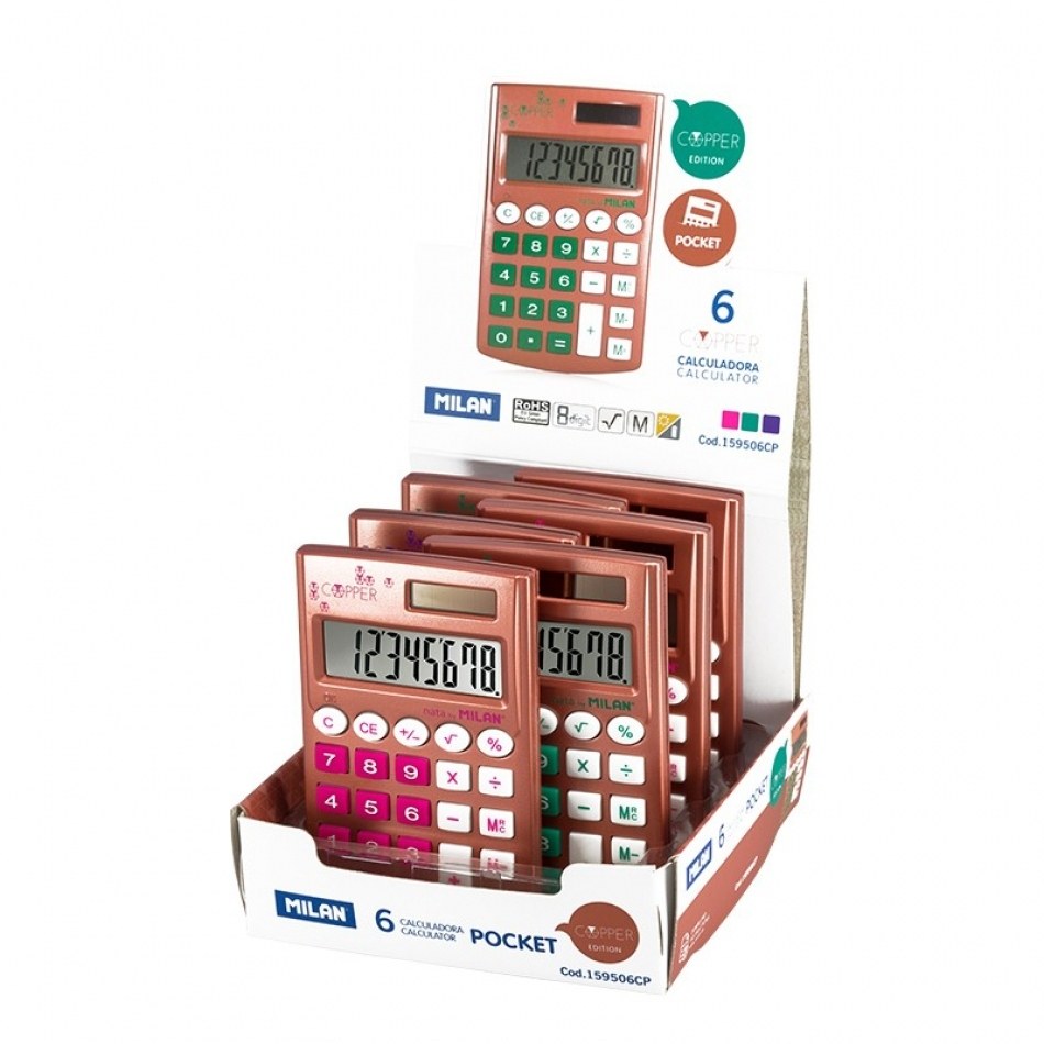 Milan Pocket Cooper Expositor de 6 Calculadoras de Bolsillo 8 Digitos - Tacto Suave - 3 Teclas de Memoria y Raiz Cuadrada - Apagado Automatico - Colores Surtidos