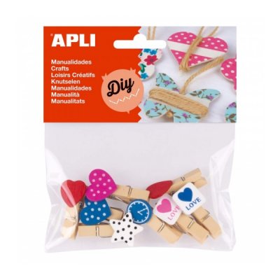 Apli Mini Pinzas de Madera - Formas Surtidas - Corazones, Estrella y Reloj - Ideales para Decorar y Sujetar Tarjetas, Fotos y Mas - Color Madera Natural