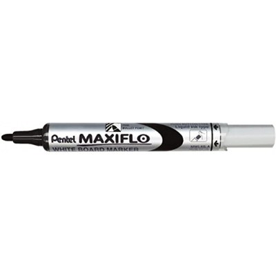 Pentel Maxiflo Rotulador para Pizarra Blanca - Regulacion del Flujo de Tinta - Punta de Bala - Ancho de Linea 2mm - 50% de Materiales Reciclados - Color Negro