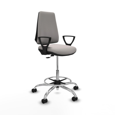 Taburete Elche CP similpiel blanco brazos fijos base cromada ruedas 65mm nailon