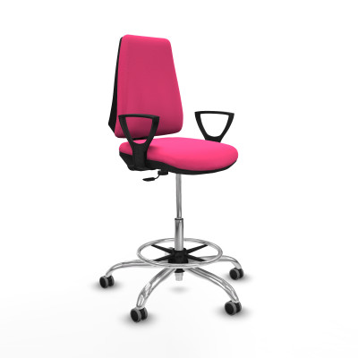 Taburete Elche CP similpiel rosa brazos fijos base cromada ruedas 65mm engomadas