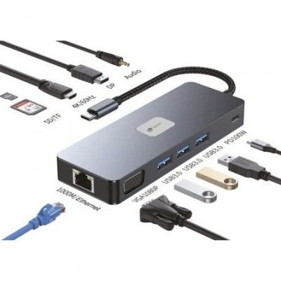 Docking USB Tipo-C Leotec LEDS03/ 3xUSB/ 1xUSB Tipo-C PD/ 1xHDMI 4K/ 1 xDisplayPort/ 1xVGA/ 1xAudio/ 1xRJ45/ 1xLector Tarjetas SD y MicroSD/ Gris