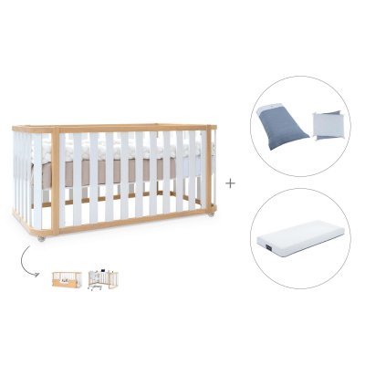 Cuna-cama madera/blanca 70x140 cm (3en1) + colchón + textil Alba Blu · Crea Plus Due Life