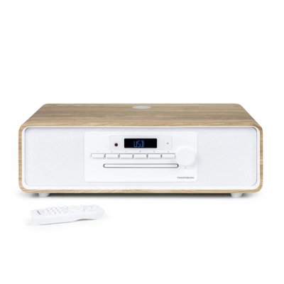Thomson MIC300IBT Micro Cadena 60W Bluetooth 5.0 - Reproductor de CD, Radio FM, Reproductor USB (MP3) - Funcion de Carga Inalmbrica - Mando a Distancia - Color Madera/Blanco