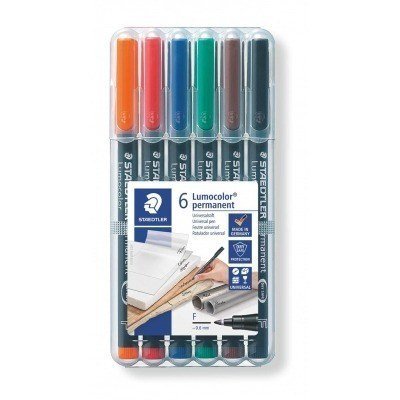 Staedtler Lumocolor 318 Pack de 6 Rotuladores Permanentes - Punta Fina Redonda - Trazo 0.6mm - Capuchon con Clip - Secado Rapido - Colores Surtidos