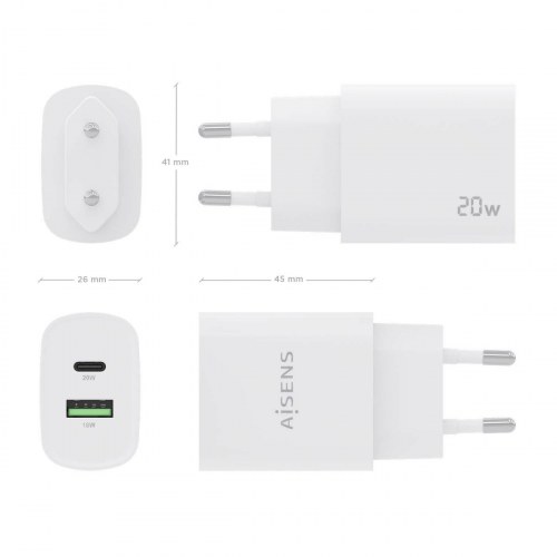 Aisens - Cargador 20W, 1Xusb-C Pd3.0, 1Xusb-A Qc3.0, Blanco