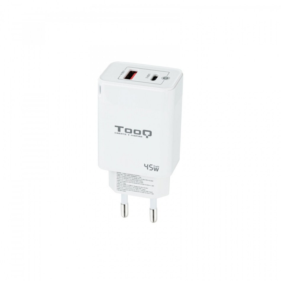 TooQ Cargador de Pared GaN USB-C/PD + USB-A/QC 45W,