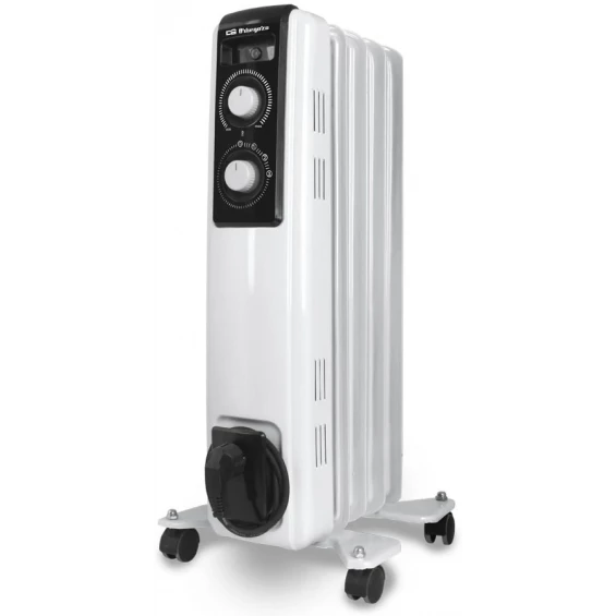 Radiador de aceite Orbegozo RF 1000, 1.000 W, 5 elementos, 2 potencias, termostato regulable, blanco