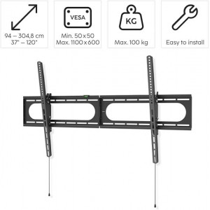 Soporte TV fijo inclinable de pared Hama 00220844, 37-120 pulgadas, hasta 100 kg, VESA hasta 1100x600 mm, incl. -12°/+5°, negro