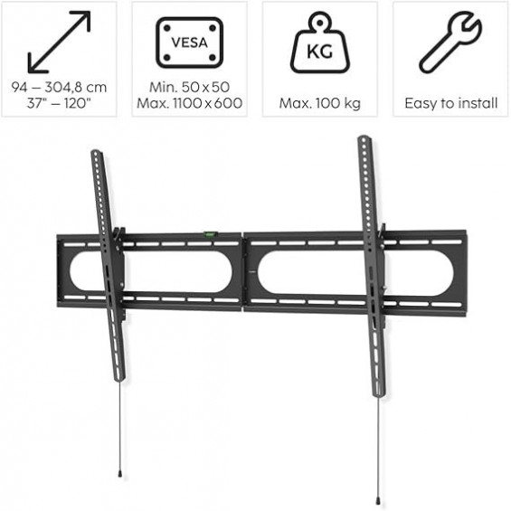 Soporte TV fijo inclinable de pared Hama 00220844, 37-120 pulgadas, hasta 100 kg, VESA hasta 1100x600 mm, incl. -12°/+5°, negro
