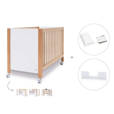 Cuna-cama-sofá-escritorio madera/blanco (4en1) 60x120 cm + textil Natura · Ombra
