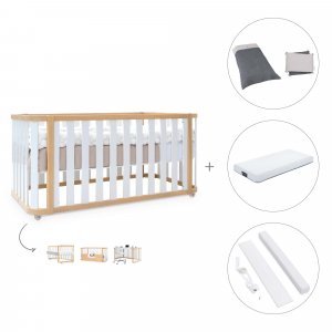 Cuna-cama colecho 70x140 cm madera/blanca (4en1) + colchón + textil Stone Grey · Crea Plus Due Life