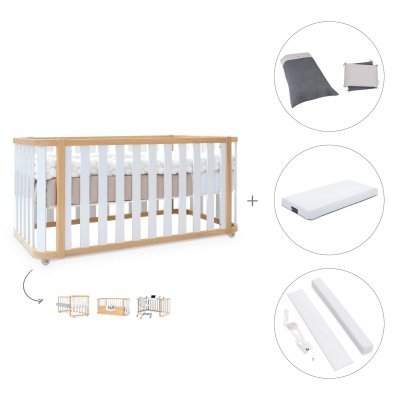 Cuna-cama colecho 70x140 cm madera/blanca (4en1) + colchón + textil Stone Grey · Crea Plus Due Life