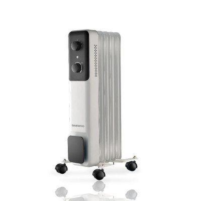 Daewoo DW9504 Radiador de Aceite - Potencia 1000W - 5 Elementos - Termostato Regulable - Ruedas - Asa de Transporte - Funcionamiento Automatico - Color Blanco y Negro