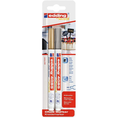 Edding 4085 Pack de 2 Rotuladores de Tiza Liquida - Punta Redonda - Trazo 1-3mm - Olor Neutro - Color Oro y Plata