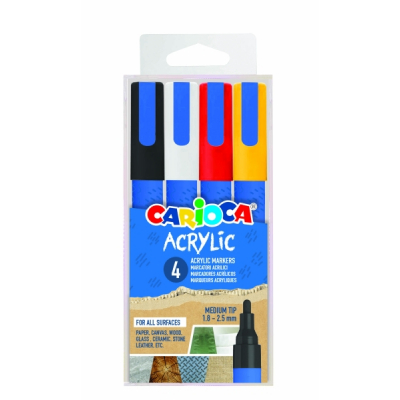 Carioca Acrylic Pack de 4 Marcadores de Pintura Acrilica - Punta Redonda Media 1.8-2.5mm - Tinta a Base de Agua - Alta Cobertura - Colores Surtidos