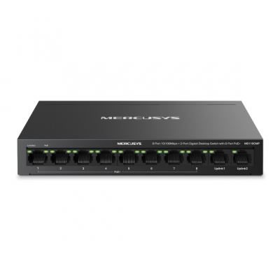Mercusys MS110CMP Swtich 10 Puertos RJ45 - 8 Puertos 10/100Mbps PoE+ - 2 Puertos Gigabit - Hasta 250 Metros de Alcance - Color Negro