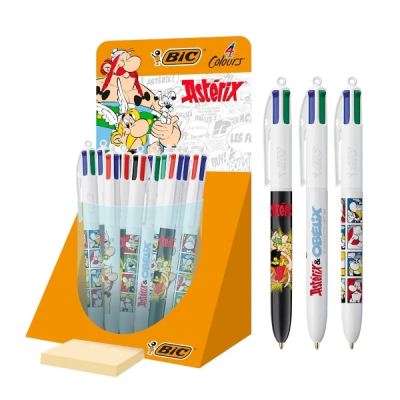 Bic 4 Colours Asterix Expositor con 30 Boligrafos de Bola Retractil Diseños Comic Asterix - Punta Media de 1.0mm - 3 Diseños Diferentes