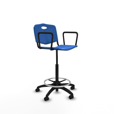 Taburete Robledo giratorio plástico azul brazos fijos base poliamida ruedas engomadas 50mm