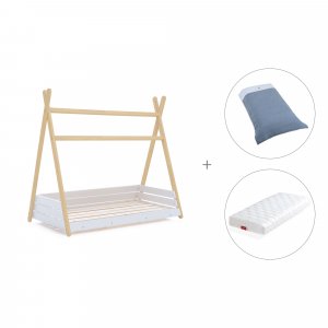 Cama cabaña Montessori madera 70x140 cm + colchón + nórdico Alba Blu · Homy Life