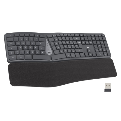Ewent Teclado Inalambrico - Ergonomico - Bateria de Litio Recargable de 300mAh - Teclas de Bajo Perfil y Silenciosas - Color Negro