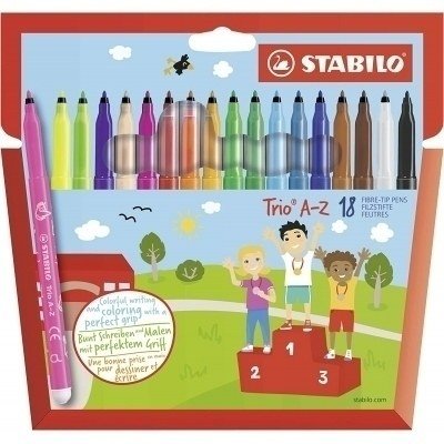 Stabilo Trio AZ Pack de 18 Rotuladores de Punta Fina de Fibra - Trazo 0.7mm - Tinta Super Lavable - Forma Triangular - Colores Surtidos