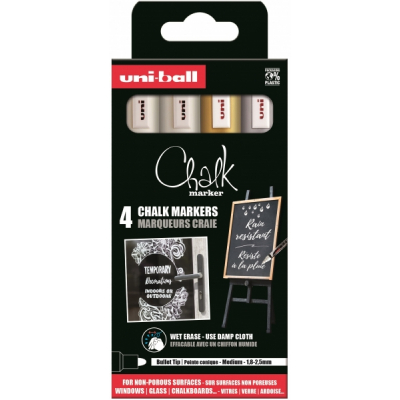 Uni-ball Chalk PWE-5M Pack de 4 Marcadores de Tiza Liquida - Punta Conica 1.8-2.5mm - Borrado en Humedo - Resistente a la Lluvia y Exteriores - Colores Blanco, Oro y Plata