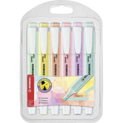 Stabilo Swing Cool Pastel Pack de 6 Marcadores Fluorescentes - Cuerpo Plano - Punta Biselada - Trazo entre 1 y 4mm - Tinta con Base de Agua - Colores Surtidos