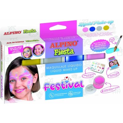 Alpino Fiesta Festival Pack de 4 Botes de Maquillaje Liquido de Diferentes Colores + Pincel + Guia de Ideas - Se Lava con Agua - Testado Dermatologicamente